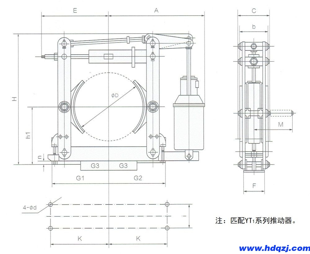 YWZ(B)電力液壓鼓式制動(dòng)器外形尺寸圖 YWZ(B)電力液壓鼓式制動(dòng)器外形尺寸圖