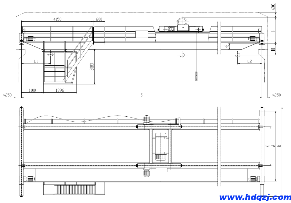 LH型電動(dòng)雙梁起重機(jī)主要尺寸圖紙：